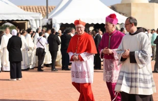 El Cardenal secretario de Estado Pietro Parolin llega antes de la Misa para la consagración de la iglesia en el lugar del bautismo de Jesús el 10 de enero de 2025 en Al-Maghtas (Jordania). El Papa Francisco nombró al Cardenal Parolin como legado papal para consagrar la iglesia del Bautismo de Jesús en Al-Maghtas, también conocida como "Betania más allá del Jordán". El Cardenal Parolin se reunió con 14 representantes pontificios de Medio Oriente en Jordania el 13 de enero de 2025 para discutir los desafíos en la región, incluidas las hostilidades en curso allí. Crédito: Salah Malkawi/Getty Images.